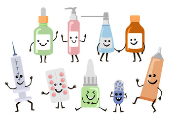 Funny medicines. Medicine emoticons on white, humor pills, syringe cartoon medical capsules drawings, first aid characters. Kawaii character. Vector Illustration