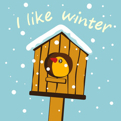 The bird sits in a birdhouse. Snow winter.