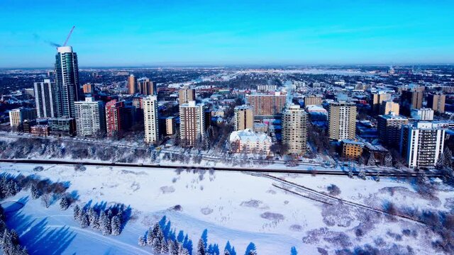Edmonton downtown residential most sought after neighbourhood at the cliff edge of the Victoria Valley Park winter sunny clear blue sky day overlooking the stunning natural beauty of living the dream