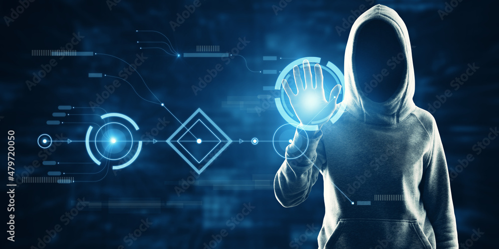 Poster hacker using abstract digital business interface on blurry blue background. technology, hacking, inf