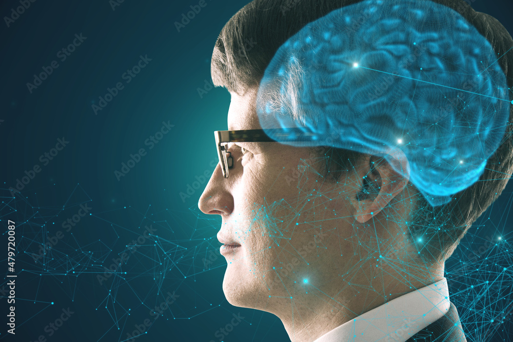 Poster portrait of attractive young european businessman with abstract polygonal brain on gray background w