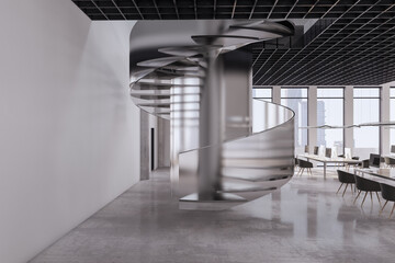 Contemporary concrete coworking office interior with wndow and city view, furniture and spiral stairscase. 3D Rendering.