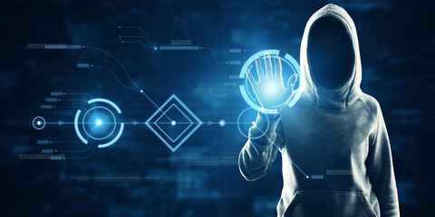 Hacker using abstract digital business interface on blurry blue background. Technology, hacking, information, ai, and innovation concept.