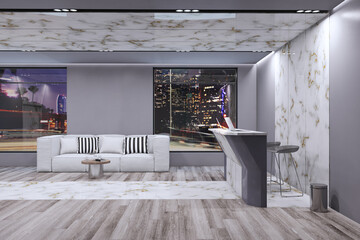 Contemporary office lobby interior with furniture, window with night city view, wooden flooring and gray walls. Workplace and waiting area concept. 3D Rendering.