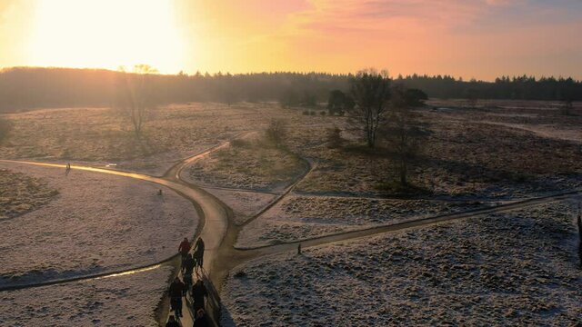 People ride bicycles at Groevenbeekse heide in Netherlands countryside in winter