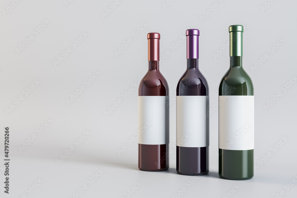 Poster clean white label wine bottles on light background. alcohol, winery, beverage and elegance concept. 