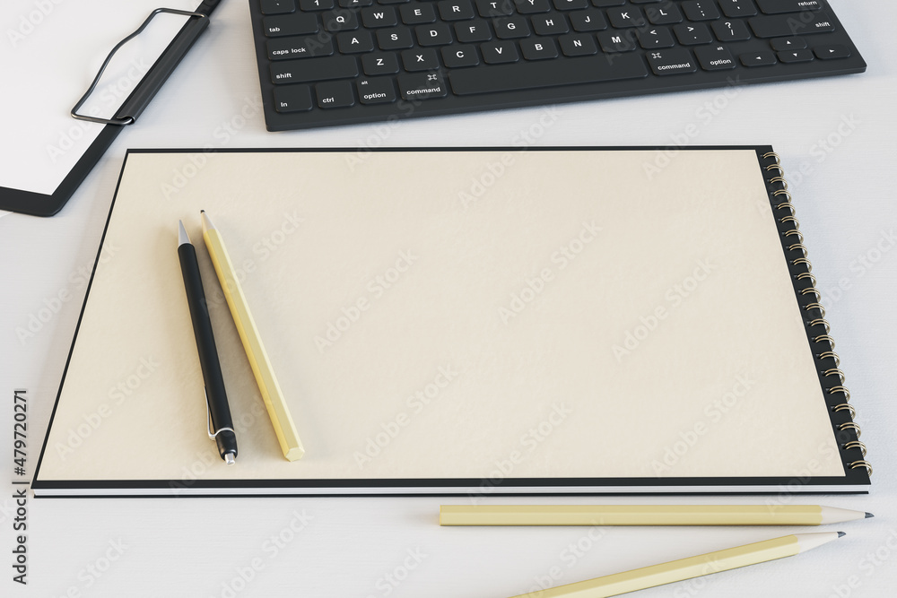 Aufkleber Top view of empty spiral notepad on white table with keyboard and pencils. Drawing, workplace, supplies and art concept. Mock up, 3D Rendering.