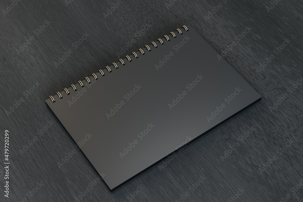 Poster close up of blank black spiral notepad on dark wooden background. mock up, 3d rendering.
