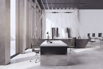 Contemporary concrete office interior with panoramic window with city view, furniture and daylight. 3D Rendering.