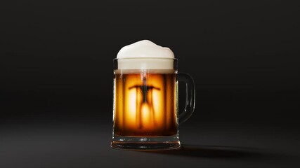 The allegoric scene with a drunk man swimming in a beer mug on dark background