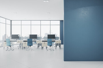 Modern concrete coworking office room interior with clean mock up place on wall, panoramic window with city view, equipment, daylight and furniture. 3D Rendering.