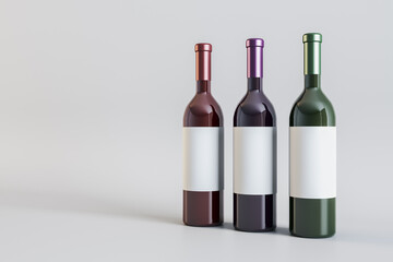 Clean white label wine bottles on light background. Alcohol, winery, beverage and elegance concept. Mock up, 3D Rendering.