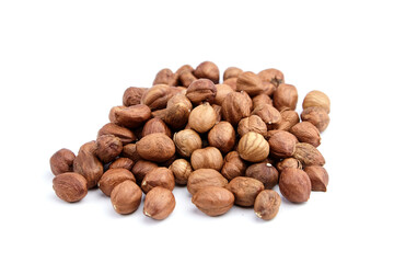 Raw shelled hezelnuts or filberts isolated on white