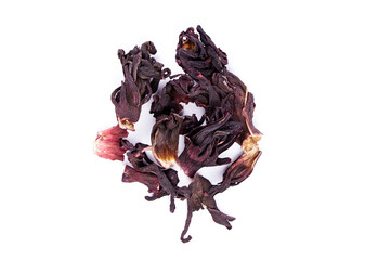 Hibiscus flower red tea karkade, dried petals of Sudanese rose isolated on white