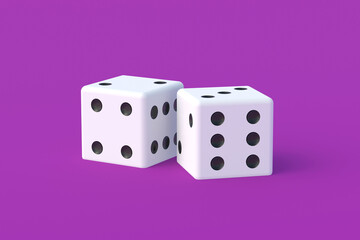 Board games. Addiction to gambling. Casino games. Random winnings. Jackpot. Leisure entertainment for the whole family. Two dice cubes on violet background. 3d render