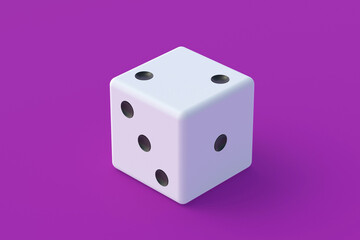 Board games. Addiction to gambling. Casino games. Random winnings. Jackpot. Leisure entertainment for the whole family. One dice on violet background. 3d render