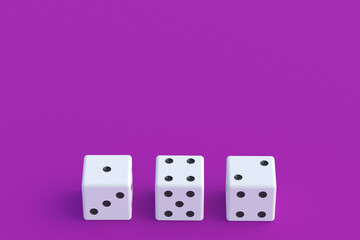 Board games. Addiction to gambling. Casino games. Random winnings. Jackpot. Leisure entertainment for the whole family. Row of dice cubes on violet background. Copy space. 3d render