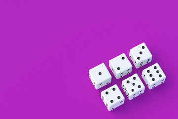Board games. Addiction to gambling. Casino games. Random winnings. Jackpot. Leisure entertainment for the whole family. Dice in corner on violet background. Copy space. 3d render
