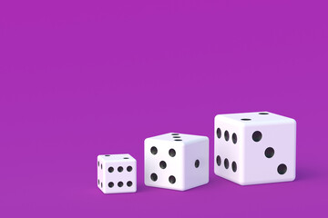 Board games. Addiction to gambling. Casino games. Random winnings. Leisure entertainment for the whole family. Row of dice cubes from small to large on violet background. Copy space. 3d render
