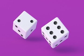 Board games. Addiction to gambling. Casino games. Random winnings. Jackpot. Leisure entertainment for the whole family. Two dice on violet background. 3d render
