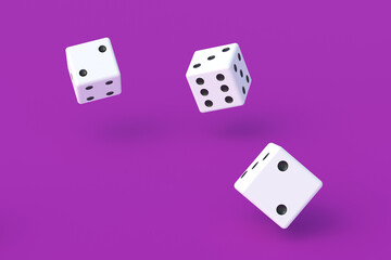 Board games. Addiction to gambling. Casino games. Random winnings. Jackpot. Leisure entertainment for the whole family. Dropping dice cubes on violet background. 3d render