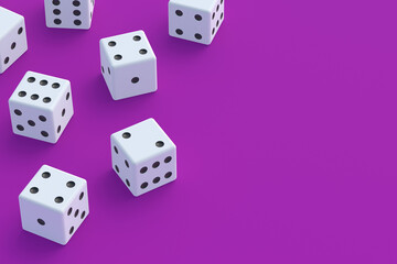 Board games. Addiction to gambling. Casino games. Random winnings. Jackpot. Leisure entertainment for the whole family. Scattered dice on violet background. Copy space. 3d render