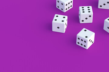 Board games. Addiction to gambling. Casino games. Random winnings. Jackpot. Leisure entertainment for the whole family. Scattered dice on violet background. Copy space. 3d render