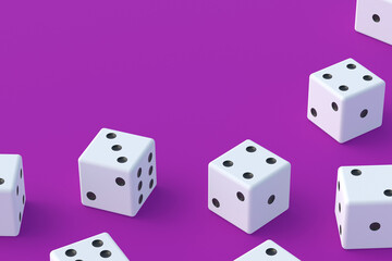 Board games. Addiction to gambling. Casino games. Random winnings. Jackpot. Leisure entertainment for the whole family. Scattered dices on violet background. Copy space. 3d render