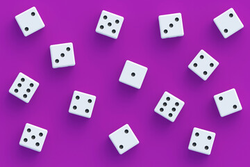 Board games. Addiction to gambling. Casino games. Random winnings. Jackpot. Leisure entertainment for the whole family. Strewn dices on violet background. Top view. 3d render