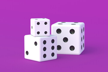 Board games. Addiction to gambling. Casino games. Random winnings. Jackpot. Leisure entertainment for the whole family. Dice cubes on violet background. 3d render