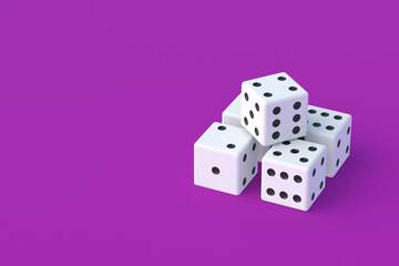 Board games. Addiction to gambling. Casino games. Random winnings. Jackpot. Leisure entertainment for the whole family. Heap of dice cubes on violet background. Copy space. 3d render