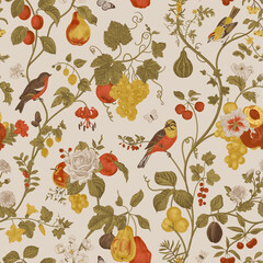 Fototapety  Harvest. Autumn seamless pattern. Fruit and flowers. Vector vintage illustration