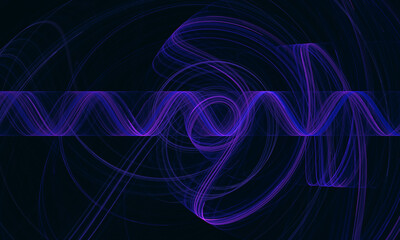 Dynamic purple violet digital 3d zigzag, laser spring or smooth wave in deep dark space. Glowing galactic radiance or concept of sound of rhythm. Great as cover print for electronics, poster, artwork.