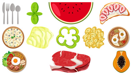 Collection of food ingredients on white background