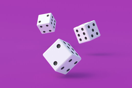 Board games. Addiction to gambling. Casino games. Random winnings. Jackpot. Leisure entertainment for the whole family. Falling dice cubes on violet background. 3d render