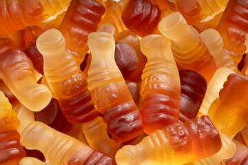 Detailed and large close up shot of different gummy bears.