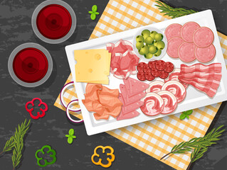 Lunch meat set with different cold meats on platter
