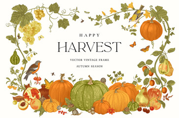 Happy Harvest. Vector frame. Autumn botanical illustration. - Powered by Adobe