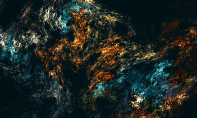 Fototapeta na wymiar Fictional earth or ocean surface from space, galactic nebula, colorful marine blue orange paint stains over dark background. Artistic creative 3d pattern or texture. Great as cover print, decoration.