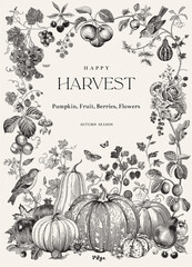 Happy Harvest. Vector vertical frame. Autumn botanical illustration. Black and white - 479721024