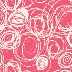 Abstract pattern with circles drawn with dry brush and colored ink. Red background.