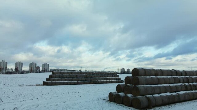 Flying over a snowy field. Straw bales are stacked. Traces of agricultural tillage are visible under the snow. Aerial photography.