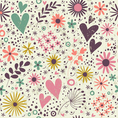 Seamless pattern with hearts and flowers. Curly endless texture, template for design and decoration.