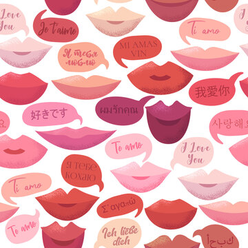 Vector seamless pattern with colorful lips and phrases I Love You in different languages isolated on white background. Diverse cultures, international communication, Valentines Day concept