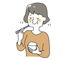 よく噛んで食事をする中年の女性　温かみのある手描きの人物イラスト　白地にベクター