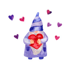 Smiling gnome with a heart. Funny character. Hand painted watercolor illustration isolated on white. Great for Valentine's day cards. Lilac, purple and red colors.