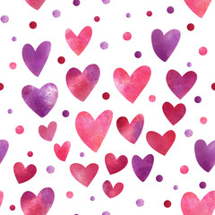 Watercolor seamless pattern with hearts on white background. Great for fabrics, wrapping papers, wallpapers, covers. Hand painted illustration. Purple and pink colors.