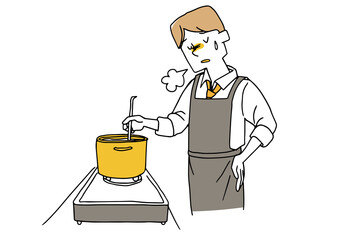 いやいや料理をするネクタイをしている男性　 温かみのある手描きの人物イラスト　白バックにベクター