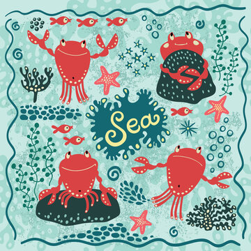 Set with cute crabs, corals and fish.