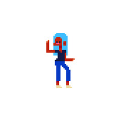 Dancing young fashion girl with blue hair character. Pixel art flat 80s style. Game assets. 8-bit. Isolated abstract vector illustration.